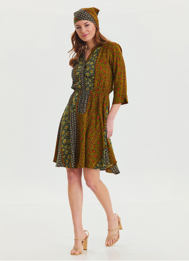 Green Patterned Midi Dress with Judge Collar and Button Detail 4462